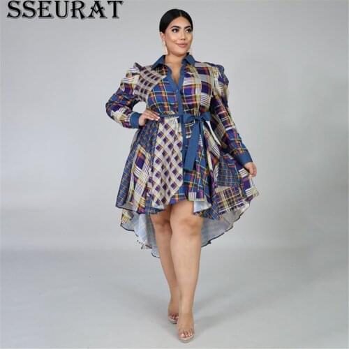 SSEURAT Autumn Women Long Sleeve Dress Denim Cardigan Print Sexy Club Party V-Neck Shases Plus Size 2XL-6XL Dress