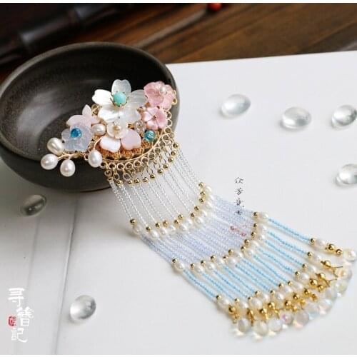 Vintage handmadel lady shell PEARL tassel Hairclip crown bun accessories up do Headwear for kimono hanfu COSPLAY XZ