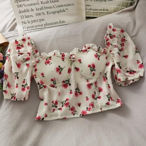 Women Fashion Bodycon Strapless Floral Flowers Print Chiffon Blouse Sweet Short Sleeve Crop Top Girls Elegant Daily Basic Shirt