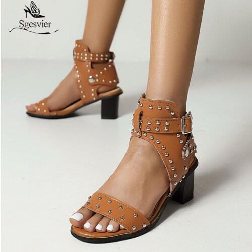 Sgesvier 2021 Big Size 34-45 Thick High Heels Ladies Rome Sandals Rivet Buckle Vintage Fashion Casual Shoes Summer Women Sandals