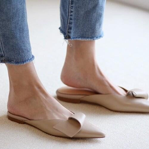 ZAR Woman 2021 Women Cow Leather Mules Flats Shallow Slippers Pointed Toe Designer Mules Ladies Casual Flat Shoes Korea Style