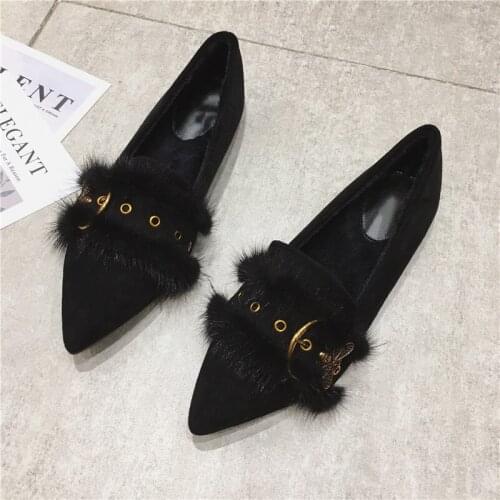 New Winter Suede Women Shoes Woman Pointy Cozy Plush Flats Furry Moccasins Women Ballet Flats Flock Mules Slip On Cotton Shoes