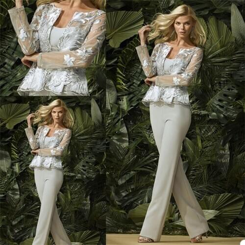 2020 Mother of the Bride Pant Suits With Jacket Lace Floor Length Formal Plus Size Wedding Guest Dress Mothers Outfit
