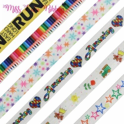 16mm-75mm Back to School Colorful Printed FOE Grosgrain Ribbon DIY Hair Bowknots 50yards/roll