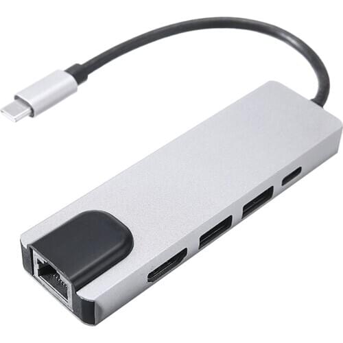 5 in 1 USB-C Dock Adapter Aluminum Multi-Ports Connector for USB 2.0/Type-C PD Charging/4K HDMI-compatible/Ethernet Network