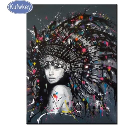 KUFWKEY Indians feather woman Full Square/Round,Diamond Embroidery sale,5D DIY Diamond Painting Mosaic,almaznaya diamond picture