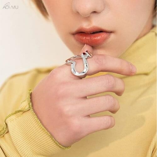AOMU 2021 Korea New Exaggerated Metal Silver Color Hollow Ring Fashion Love Heart Irregular Ring for Women Jewelry Gifts Party