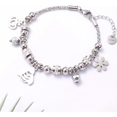 Cute Bee Stainless Steel Bracelet Silver Color Beads Popcorn Chain Crystal Flower Crown Charm Women Jewelry Birthday Best Gifts