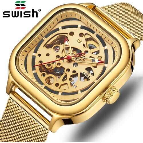 SWISH Golden Automatic Watches Men Luxury Square Hollow Mechanical Wristwatch Stainless Steel Waterproof Clock Relogio Masculino