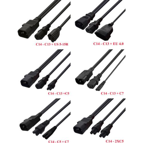 Black 3X0.75mm Copper IEC320 C14 to 2*C13 3*C13 4*C13 6*C13 / C14-C13+C5 C13+C7 C13+EU C13+US female extension power cable