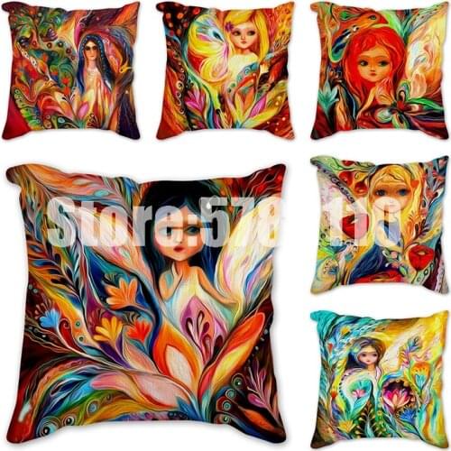 Throw Pillows Oil painting girl Floral Pillow Cover Multicolor Flower Pillow Covers Sofa Cushion Cover 45x45cm Home Decorative