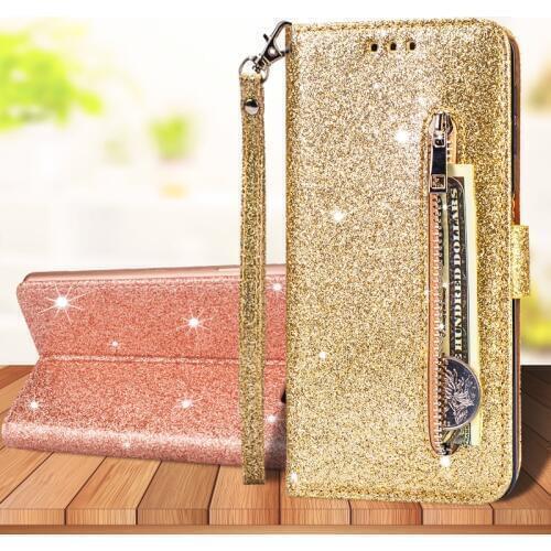 For Samsung Galaxy Note 10 Plus Lite 9 8 Fashion Shine Glitter Zipper Wallet Bag Flip Phone Leather Case Card Slot Stand Cover