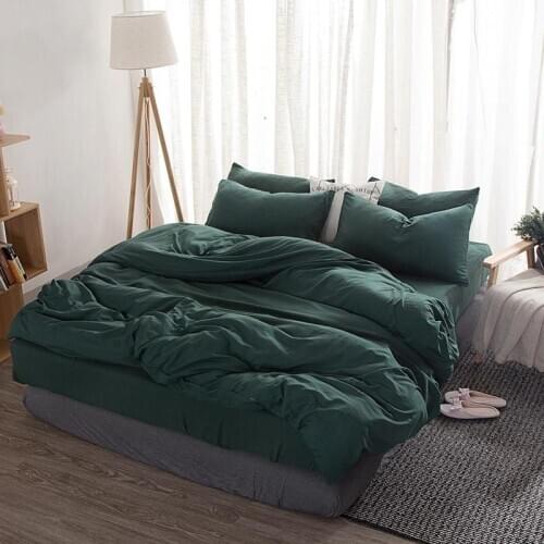 Home Textile Simple Solid Color Green Bedding Sets 3/4pcs Pink Washed Cotton Polyester Soft Duvet Cover Bed Linen Pillowcases