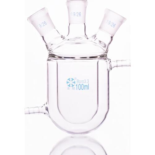 Double-deck cylindrical three-necked round bottom flask,Capacity 100ml,Joint 19/26,Mezzanine jacketed reactor bottle