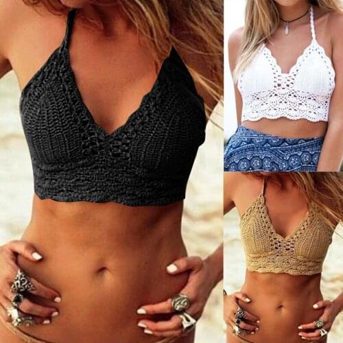Hot Women Crochet Knit Bralette Boho Beach Halter Bikini Bra Hollow out Crop Top Swimwear Beachwear