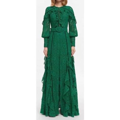 Fashion Runway 2021 Autumn Dress Women White Green Lantern Sleeve Lace Belt Elegant Irregular Party Long Dresses