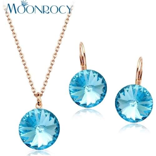 MOONROCY Free Shipping Fashion jewelry Rose Gold Color blue Crystal Necklace and Earrings Jewelry Set Gift new Women