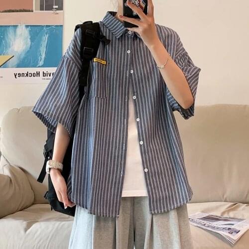 Striped shirt mens loose short-sleeved shirt Korean version of the trend ins Hong Kong style summer new couples jacket jacket