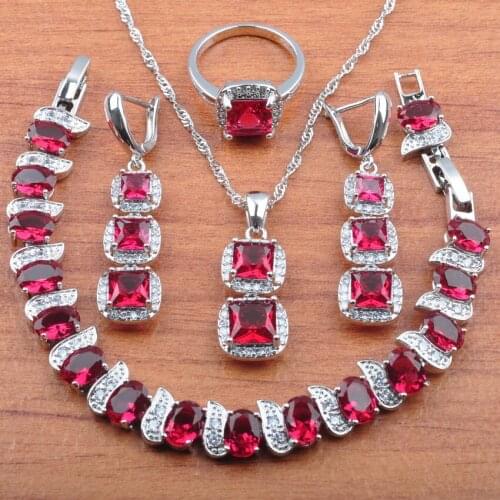 Classic Square Rose Red Cubic Zirconia Jewelry Sets Women 2020 New Earrings Necklace Pendant Ring Bracelets JS0423