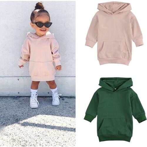 Autumn Fashion Kids Girls Hoodies Dress Outfits 1-5Y Solid Long Sleeve Pullover Pocket Long Length Straight Dress