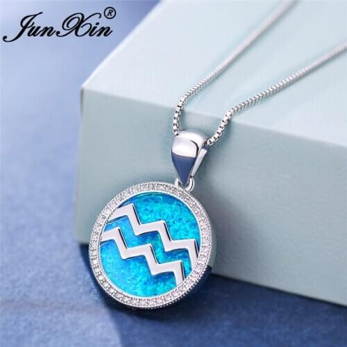 Constellation Aquarius Pendant Necklaces For Women White Gold Round Birthstone Blue White Fire Opal Necklace Valentine Jewelry