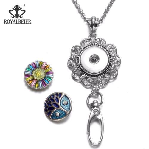 RoyalBeier Flower Shape Working ID Holder Lanyard Snap Pendant Necklace 18mm Snap Button Jewelry Snaps Necklace For Snap Jewelry