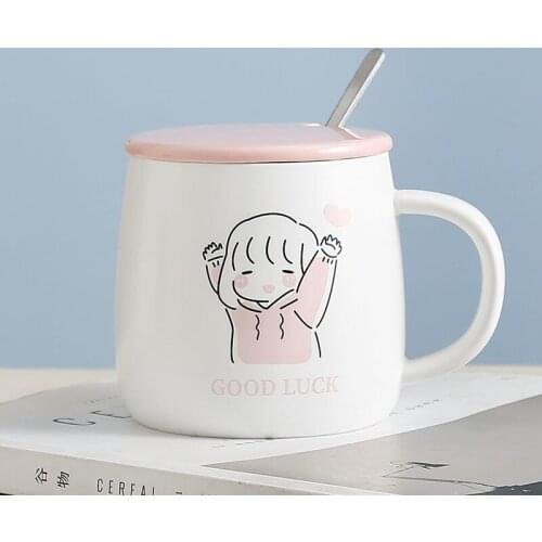Couple Ceramic Mug Set with Lid Spoon Milk Coffee Tea Cups for Lovers Gift Present 400ML