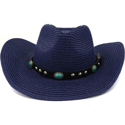 QBHAT Summer Women Men Paper Straw Crochet Cowboy Hats Leather GEM Decor Large Brim Beach Sunscreen Sun Visor Hat Sunhat