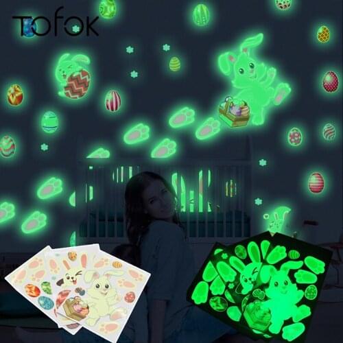 Tofok Easter Bunny Footprints Egg Luminous Wall Stickers Baby Children Room Happy Rabbits Resurrection Holiday Decoration