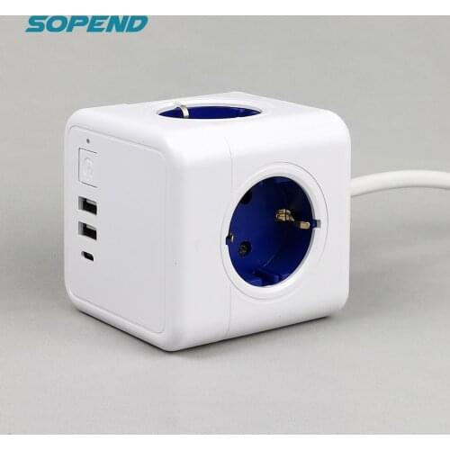 Sopend Wall Smart Eu Plug Power Strip Powercube 1.5m Extension Cable Cord with Usb Ports Socket Switch Type-C Ports Outlet Blue
