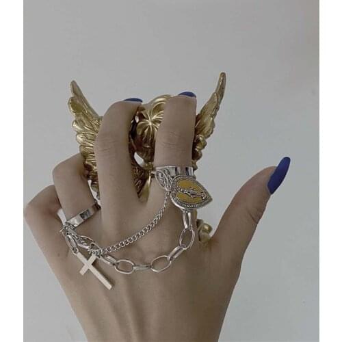 Vintage Trendy Multi-layer Adjustable Chain Cross Rings Jesus Pendant Tassel Finger Rings For Men Women Punk Style Jewelry