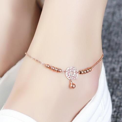 YUN RUO 2020 Fashion Rose Gold Anklet Vintage Coin Bells Chain Charm Woman Girl Gift 316 L Stainless Steel Jewelry Top Quality