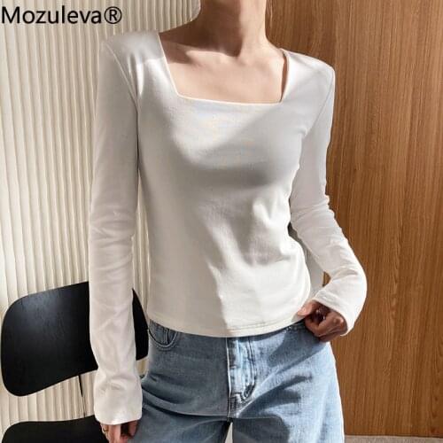Mozuleva Autumn Female Basic T Shirts Square Collar Casual Skinny Bodycone Tees Women Sexy Cotton Long Sleeve T Shirts