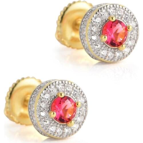 1Pair S925 Sterling Silver Hip Hop Red/Blue AAA Cubic Zirconia Bling Ice Out Round Stud Earrings for Women Men Unisex Jewelry