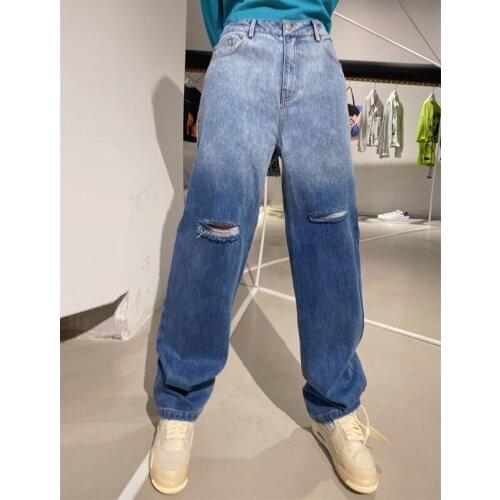 2021 New High Waist Women Ripped Jeans Spring Straight long Pants Vintage Streetwear Baggy Gradient color Femme Denim Trouser