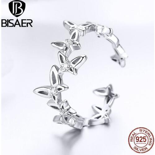 BISAER Cheap Ring 925 Sterling Silver Butterfly to Butterfly Open Size Women Finger Rings Fashion Sterling Silver Jewelry EFR027