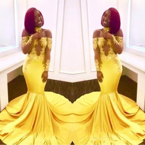 Yellow Prom Dresses Mermaid Long Sleeves Appliques Lace See Through Long Prom Gown Evening Dresses Robe De Soiree