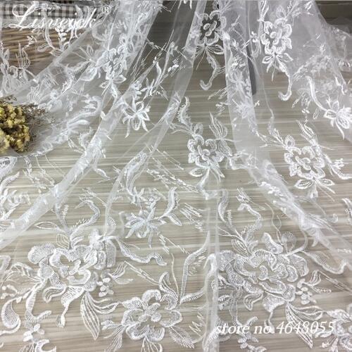 1yard 125 CM white sequins embroidered lace fabric tulle exquisit High quality heavy flower wedding dress fabric veil mterial