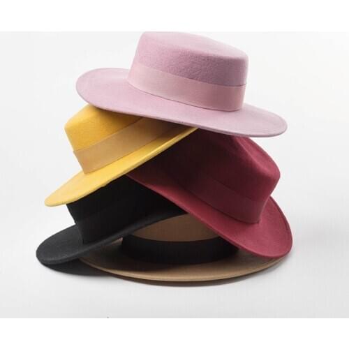 100% Wool Flat Top Hat Women Wide Brim Fedora Ribbon Bowknot Accent Church Dress Derby Ladies Hat Warm Winter Hats Cap