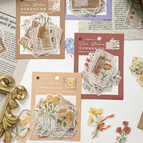 30Pcs/Bag Vintage Flowers Washi Sticker DIY Diary Scrapbooks Decoration Kawaii Stickers Botanical Stickers Stationery