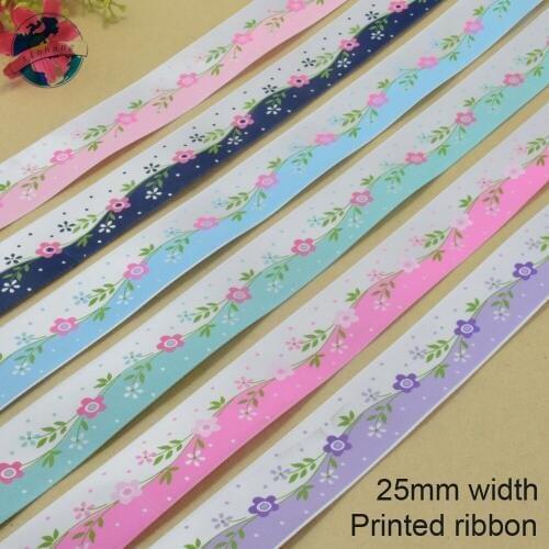 5yards,25mm flower printed ribbons Polyester Grosgrain ribbon, lace satin ribbons DIY hairbow accessories, gift package #3776