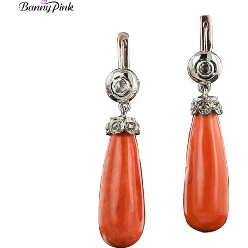 Banny Pink Vintage Water Drop Orange Stone Stud Earring For Women Ethnic Chic Coral Antique Metal Ear Fashion Jewelry