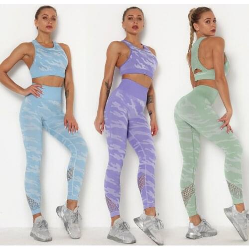 2pcs Seamless Camo Set Women Sport Yoga Suit Gymwear Fitness Workout Clothes High Waist Running Leggings Gym Crop Top Sportswear