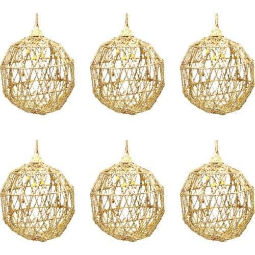 Glitter Christmas Decoration Ball Pendants Wrought Iron Crafts Tree Hanging Gift 6Pcs Golden Hollow Balls