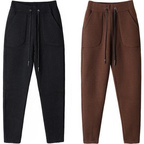 Women Woolen Pants Autumn Winter New Fashion Female Solid Casual Trousers Loose Elastic Waist Harem Pants Women Wool Pants