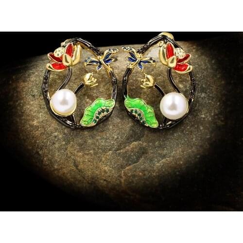 CHARLINLIOL Silver 925 Jewelry Natural Pearl Unusual Earrings for Women Vintage Elegant Enamel Lotus earings christmas 2020
