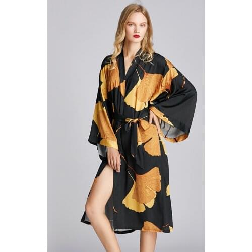Maison Gabrielle 2021 New Leaf Printed Kimono Robe Loungewear for Women Silk Satin Lingerie Bathrobe Bridesmaid Dressing Gown