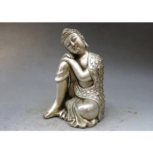 China silver handwork carved beautiful fine think deeply Sakyamuni buddha Statue