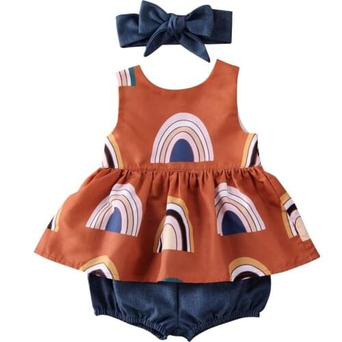 Toddler Infant Kids Girls Loose Outfits Sleeveless Rainbow Bridge Vest Smock Dress Tops + Denim Shorts Clothes Set with Headband