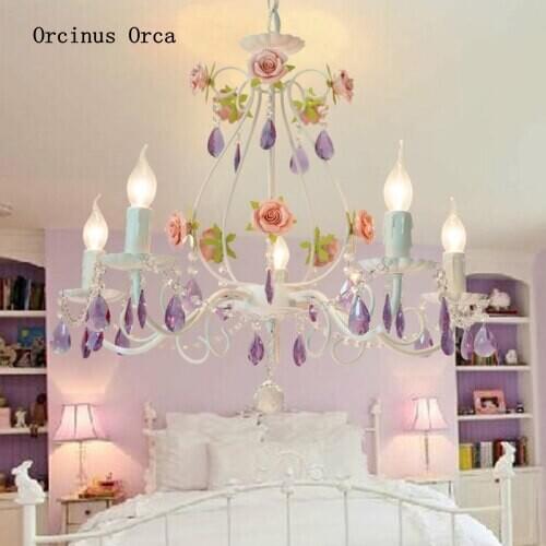 Korean rural color rose chandelier Girl Bedroom Princess room lamp creative romantic purple crystal chandelier